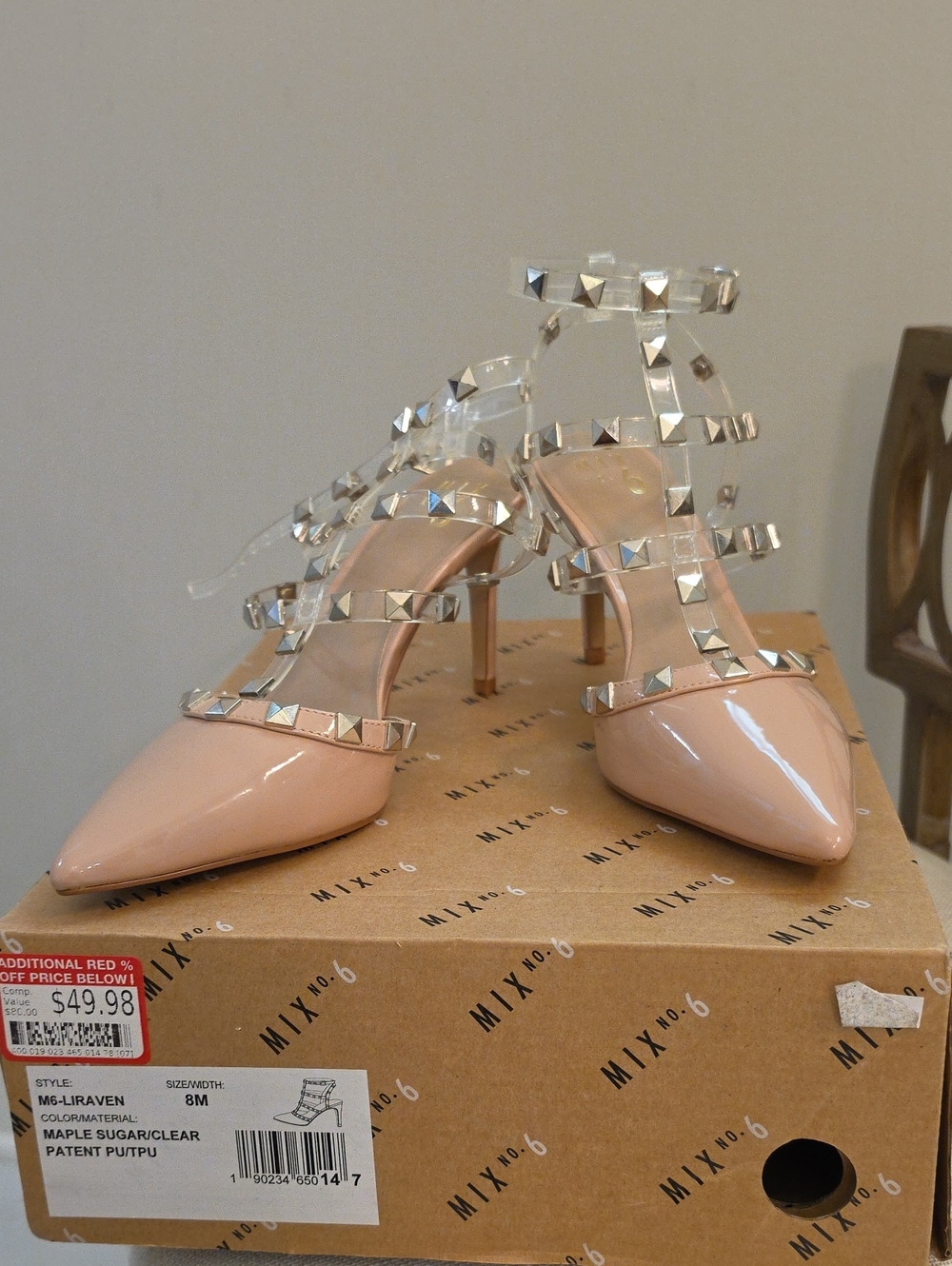 Nude Studded Clear-Strap Pointed Toe Heels